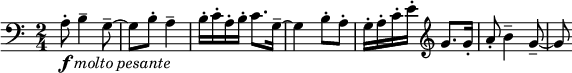 
\relative c' {
\key c \major \clef bass
\time 2/4
\tempo ""
\tempo 4 = 140
a8-._\markup{ \musicglyph #"f" \italic "molto pesante" } b4-- g8--~
g b-. a4--
b16-. c-. a-. b-. c8. g16--~
g4 b8-. a-.
g16-. a-. c-. e-. \clef "treble" g8. g16-.
a8-. b4-- g8--~
g
}
