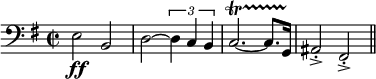 
 \relative c{
 \set Staff.midiInstrument = #"tuba"
 \set Score.tempoHideNote = ##t
 \tempo 4 = 130
 \clef bass
 \key g \major
 \time 2/2 
 e2 \ff b d~ \times 2/3 { d4 c b } c2.~\startTrillSpan c8. g16\stopTrillSpan ais2\accent\staccato fis\accent\staccato \bar "||"
 }
