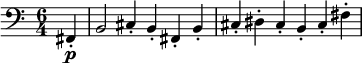 
\relative c' {
\key c \major \clef bass
\time 6/4
\tempo ""
\tempo 4 = 360
\partial 4 fis,,-.\p
b2 cis4-. b-. fis-. b-. cis-. dis-. cis-. b-. cis-. fis-.
}
