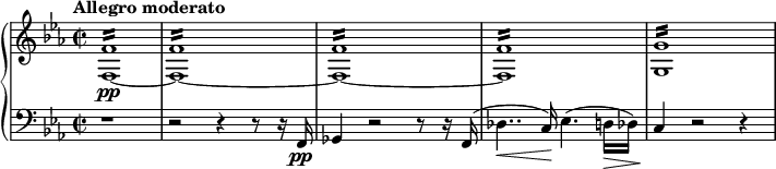 
\relative c {
  \new PianoStaff <<
    \new Staff <<
      \set Staff.midiInstrument = #"piano" \key c \minor \clef treble \time 2/2 \set Score.tempoHideNote = ##t \tempo "Allegro moderato" 2 = 55
      \new Voice {
        f'1:16 \pp |
        f1:16 |
        f1:16 |
        f1:16 |
        g1:16 |
      }
      \new Voice {
        f,1 ~  |
        f ~ |
        f ~ |
        f |
        g |
      }
    >>
    \new Staff {
      \clef bass \key c \minor
      r1 |
      r2 r4 r8 r16 f,16 \pp |
      ges4 r2 r8 r16 f16 (|
      des'4.. \< c16) \! es4. (d16 \> des16 ) |
      c4 \! r2 r4 |
    }
  >>
}
