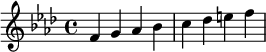  \relative c' { \clef treble\key f \minor f g as bes | c des e f } 