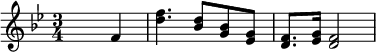 {\key bes \major \time 3/4 \skip2 f'4 <d'' f''>4. <bes' d''>8 <g' bes'>8 <es' g'>8 <d' f'>8. <es' g'>16 <d' f'> 2}