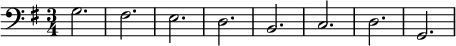 \relative c'{
\set Staff.midiInstrument=harpsichord
\clef bass
\key g\major
\time 3/4
\tempo 2=100
\once \override Score.MetronomeMark #'stencil = ##f
g2. fis e d b c d g,
}