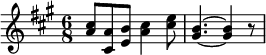 {\key a \major \time 6/8 <cis'' a'>8 <a' cis'> <b' e'> <cis'' a'>4 <e'' cis''>8 <b' gis'>4.~<b' gis'>4 r8}