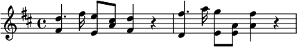 {\key d \major <<{fis'4} {d''8. fis''16}>> <e' e''>8 <a' cis''> <fis' d''>4  r4 <<{d'4} {fis''8. a''16}>> <e' g''>8 <a' e'> <a' fis''>4 r4}