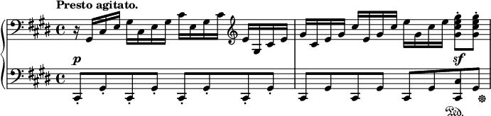 
 \relative c' {
  \new PianoStaff <<
   \new Staff { \key cis \minor \time 4/4 \tempo "Presto agitato."
    \clef bass r16 gis, cis e gis cis, e gis cis e, gis cis \clef treble e gis, cis e
    gis cis, e gis cis e, gis cis e gis, cis e <gis e cis gis>8-. < gis e cis gis>-.
   }
   \new Dynamics {
    s1\p s2. s4\sf
   }
   \new Staff { \key cis \minor \time 4/4 \clef bass
    cis,,,,8-. gis'-. cis,-. gis'-. cis,-. gis'-. cis,-. gis'-.
    cis, gis' cis, gis' cis, gis' <cis cis,>\sustainOn << gis { s16 s16\sustainOff } >>
   }
  >>
 }
