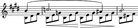 
 \relative c' \new Staff \with { \remove "Time_signature_engraver" } { \key cis \minor \time 2/2 \partial 4
  <<
   { b'4( c2. ais4) b2.*1/3 }
  \\
   { b,8*2/3[ dis fis] b,[ \< e g] b, e g\! b,[ \> e g] b, e g \! b,[ dis! fis] }
  >>
 }
