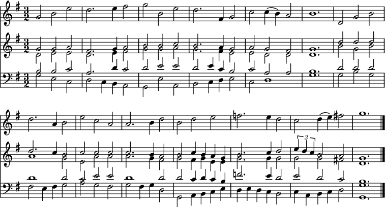 
<< <<
\new Staff { \clef treble \time 3/2 \key g \major \set Staff.midiInstrument = "choir aahs" \set Score.tempoHideNote = ##t \override Score.BarNumber  #'transparent = ##t
  \relative c''
  { g2 b e | d2. e4 | fis2 | g b, e | d2. fis,4 g2 | c2 c4( b) a2 | b1.
  d,2 g b | d2. a4 b2 | e c a | a2. b4 d2 | b d e | f2. e4 d2 | c d4( e) fis!2 | g1. \bar"|." }
}
\new Staff { \clef treble \key g \major \set Staff.midiInstrument = "church organ"
  \relative c'' 
  << { g2 g a | fis2. g4 a2 | b b c | b2. a4 g2 | a g fis | g1.
  d'2 d d | d2. c4 b2 | c c c | c2. b4 a2 | b c4 b a g | b2. c4 d2 | \tuplet 3/2 { e4 d c } b2 a | g1. } \\
  { d2 e e | d2. e4 fis2 | g g a | g2. fis4 e2 | e d d | d1.
  b'2 g b | a1 g2 | e a a | a2. g4 fis2 | g fis4 g e e | g2. g4 g2 | g g fis! | d1. } >>
}
\new Staff { \clef bass \key g \major \set Staff.midiInstrument = "church organ"
  \relative c'
  << { b2 b c | a2. d4 c2 | d e e | d e4 c b2 | c a a | b1.
  d2 d d | d1 d2 | c2 e e | d1 d2 | d c4 d c b | f'2. e4 d2 | e d c | b1. } \\
  { g2 e c | d c4 b a2 | g e' a, | b c4 d e2 | c d1 | g1.
  g2 b g | fis e4 fis g2 | a g fis | g fis4 g d2 | g, a4 b c e | d e d c b2 | c4 a b c d2 | <g g,>1. } >>
}
>> >>
\layout { indent = #0 }
\midi { \tempo 2 = 80 }
