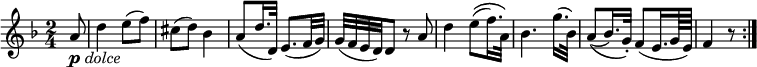  { \tempo 4 = 48 \set Score.tempoHideNote=##t \set Staff.midiInstrument = "violin" \relative a' { \key d \minor \time 2/4
\partial 8 a8 _\markup { \musicglyph #"p" \italic "dolce" } | d4 e8( f)| cis8( d) bes4 |
a8( d16. d,32) e8.( f32 g) | g32( f e d) d8 r a' |
d4 e8(\( f16.) a,32\) | bes4. g'16.( bes,32) | a8(\( bes16.) g32-.\) f8( e16. g64 e) | f4 r8 \bar ":|." }}
\layout { \context { \Score \override SpacingSpanner.common-shortest-duration = #(ly:make-moment 1/8) }} 