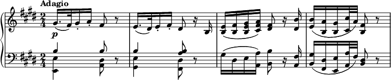 
\new PianoStaff <<
  \new Staff \relative c'' {
    \tempo "Adagio"
    \key e \major \time 2/4
    gis16.( fis32) gis16-. a-. fis8 r |
    e16.( dis32) e16-. fis-. dis8 r16 b |
    <b e>16( <b fis'> <b e gis> <cis fis a>) <dis fis>8 r16 <dis b'> |
    <e b'>16( <b a'> <b gis'> <cis cis'>32 a') <fis b,>8 r |
  }
  \new Dynamics { s4\p }
  \new Staff \relative c' {
    \key e \major \clef bass
    << { b4 b8 } \\ { <e, e,>4 <dis a>8 } >> r |
    << { b'4 <a b>8 } \\ { <e gis,>4 <dis fis,>8 } >> r |
    gis16( dis e <a a,>) <b b,>8 r16 <fis a,> |
    <gis b,>16( <dis fis,> <e e,> <a a,>32 fis) <dis b>8 r |
  }
>>
