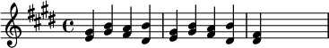 {\key e \major \time 4/4 <e' gis'>4 <gis' b'> <fis' a'> <dis' b'> <e' gis'>4 <gis' b'> <fis' a'> <dis' b'> <dis' fis'> \skip2.}