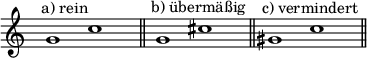  \relative c  { \override Staff.TimeSignature #'stencil = ##f \key c \major \time 5/2 \clef "treble"  s4^"a) rein" g''1 c s4 \bar "||" s^"b) übermäßig" g1 cis s4 \bar "||" s^"c) vermindert" gis1 c s4 \bar "||" } 