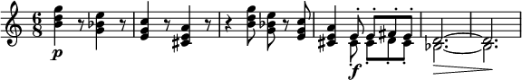 
\relative c' {
\key c \major
\time 6/8
\tempo ""
\tempo 4 = 220
< b' d g >4\p r8 < g bes e >4 r8
< e g c >4 r8 < cis e a >4 r8
r4 < b' d g >8 < g bes e > r < e g c >
< cis e a >4 <<
  \f\relative { \override Hairpin.to-barline = ##f e'8-. e-. fis-. e-. d2.\>~d\! }
  \\
  \relative { cis'8-. cis-. d-. cis-. bes2.~bes }
>>
}
