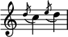  {
\override Score.TimeSignature #'stencil = ##f
    \relative c'' {
        \time 2/4
        \slashedGrace { d8( } c4)
        \slashedGrace { e8( } d4)
    }
}
