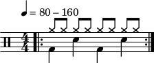 
\version "2.22.0"
\header { tagline = ##f}
\score {
  \drums \with {midiInstrument = "drums"}
  \with { \numericTimeSignature }
  {
    \repeat volta 2 {
      <<
        \tempo 4 = 80-160
        \bar ".|:"
        {
          cymra8 [cymra] cymra [cymra]  cymra [cymra] cymra [cymra]
        }\\{bd4 sne bd sne}
      