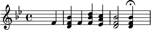 {\set Staff.midiInstrument = #"celesta" \key bes \major \skip2. f'4 <d' f' bes'> f' <f' bes' d''> <es' a' c''> <d' f' bes'>2 <d' f' bes'>4\fermata \skip4}