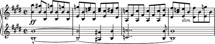 
{ \new PianoStaff <<
\new Staff \relative b' { \set Staff.midiInstrument = #"paino" \key e \major \clef treble \time 2/2 \set Score.tempoHideNote = ##t \tempo 4 = 120
  <b b'>4 \ff <b ais'>8 <b, b'>8 <b' a'>8 <b, b'>8 <b' g'>8 <b, b'>8 | % 2
  <e g'>8 <b b'>8 <d' fis>8 <b, b'>8 <cis' e>8 <e, cis'>8 <b' dis>8
  <dis, fis'>8 | % 3
  <a c'>8 fis'8 <a, c'>8 fis'8 <a, c'>8 fis'8 <a, c'>8 <fis' dis'>8 | % 4
  <dis fis'>8 <b' d>8 <e, e'>8 _\markup{ \italic {dim.} } b'8 <dis,
  fis'>8 b'8 <e, g'>8 b'8 }
\new Staff \relative b { \set Staff.midiInstrument = #"piano" \key e \major \clef treble \time 2/2
  <b b'>1 ~ _^ ~ | % 2
  <b b'>2 ( <ais ais'>4 <b b'>4 | % 3
  <c c'>2.. <b b'>8 | % 4
  <b b'>1 ) }
>> }
