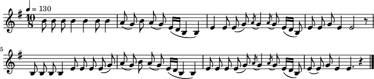 
\relative e' { \key e \minor \time 10/8  \tempo 4 = 130 \set Staff.midiInstrument = #"violin"
b'8 b8 b8 b4 b4 b8 b4| a8( g) b8 a8( g) e16( d b4 b4)|
e4 e8 e8( g) \acciaccatura a8 g4 \acciaccatura a8 g8 e16( d b8)| e8 e8 g8 e4 e2 r8|
b8 b8 b8 b4 e8 e8 e8 e8( g)| a8( g) b8 a8( g) e16( d b4 b4)|
e8 e8 e8 e8( g) \acciaccatura a8 g4 \acciaccatura a8 g8 e16( d16 b8)| e8( e) g8 e4 e4. r4 \bar "|."}
\addlyrics {
아 주 까 리 동 백 아 열 지 마 라
누 구 를 괴 자 고 머 리 에 기 름
아 리 아 리 쓰 리 쓰 리 아 라 리 요
아 리 아 리 얼 씨 구 노 다 가 세}
