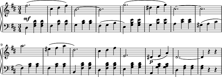 
 \relative c' {
  \new PianoStaff <<
   \new Staff { \key b \minor \time 3/4
    \tempo \markup {
     \column {
 }
   }
      fis'2.( cis4 d fis) b,2.~ b g'( dis4 e g) cis,2.~ cis a' eis4( fis a d,2.) cis4 d fis e,2. dis4\p( e a) d,2.~ d4 r r
   }
   \new Dynamics {
    s\mf
      }
   \new Staff { \key b \minor \time 3/4 \clef bass
      d, <fis a d> <fis a d> fis <a d> <a d> g <b d> <b d> fis( g b e,) <g b e> <g b e> g <b e> <b e> a <cis e> <cis e> gis( a cis fis,) <a cis> <a cis> fis <a cis> <a cis> b, <fis' b d> <fis b d> d <fis b d> <fis b d> e <g b d> <g b d> a, <g' a cis> <g a cis> d <fis a> <fis a> <fis a> r r
   }
  >>
 }
