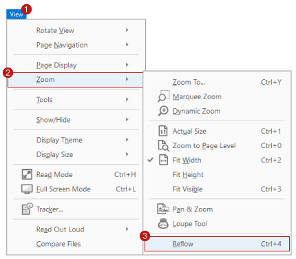 Screenshot with View labeled 1, the Zoom option highlighted and labeled 2, and the Reflow option highlighted and labeled 3.