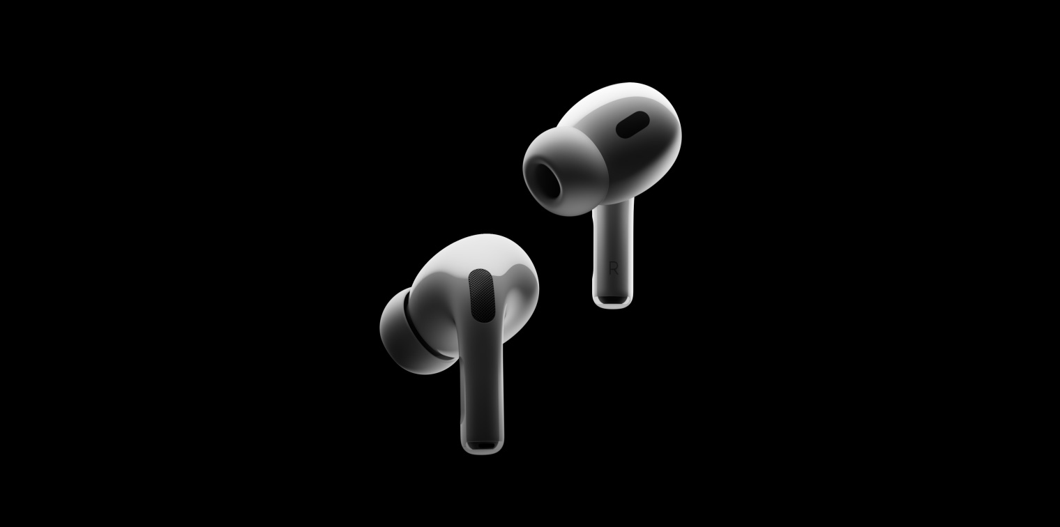 360-Grad-Ansicht der AirPods Pro 2 in Nahaufnahme