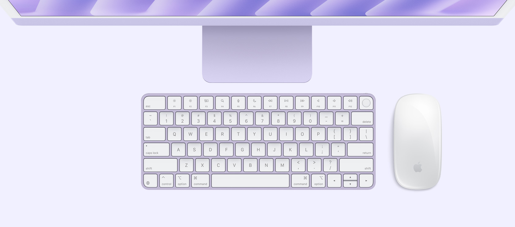 Overhead view of purple iMac with color-matching mouse and keyboard