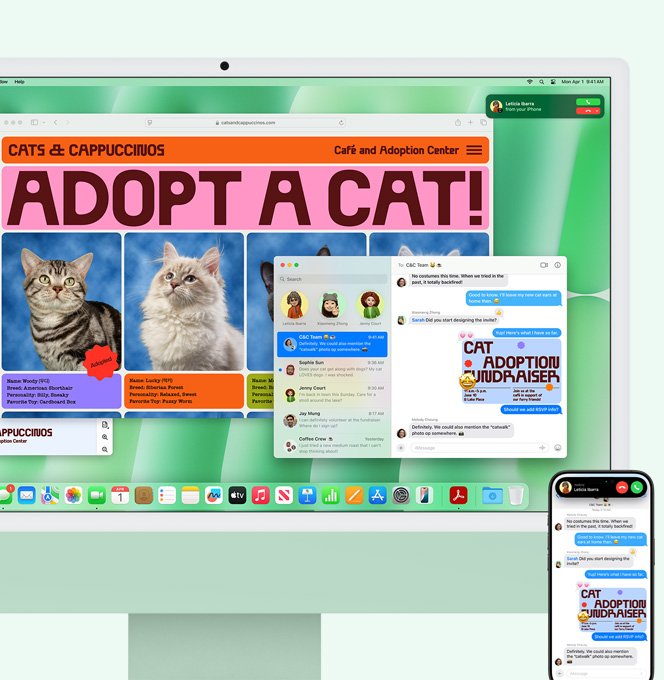 Green iMac and iPhone side by side. iMac screen shows an incoming iPhone call notification. Both devices display Messages app with identical text conversations