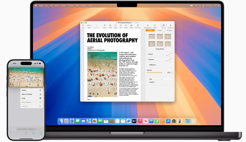 The same image copied on iPhone 15 is pasted onto a Pages document on a MacBook Pro.