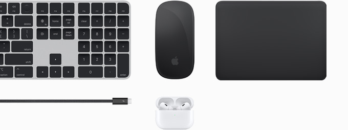 Magic Keyboard, Magic Mouse, Magic Track Pad, Thunderbolt 4 Pro kablosu ve AirPods Pro dahil aksesuar koleksiyonu.