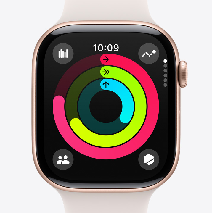 Een Apple Watch Series 10 met daarop de Activiteit‑app waarin te zien is hoe vol de ringen zijn voor Bewegen, Trainen en Staan.