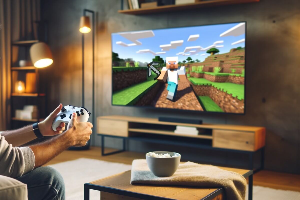 Quelqu'un joue à Minecraft sur la télé du salon grâce à sa Xbox Series X, en super promo chez Bouygues Telecom avec le Game Pass en bonus pour 3 mois