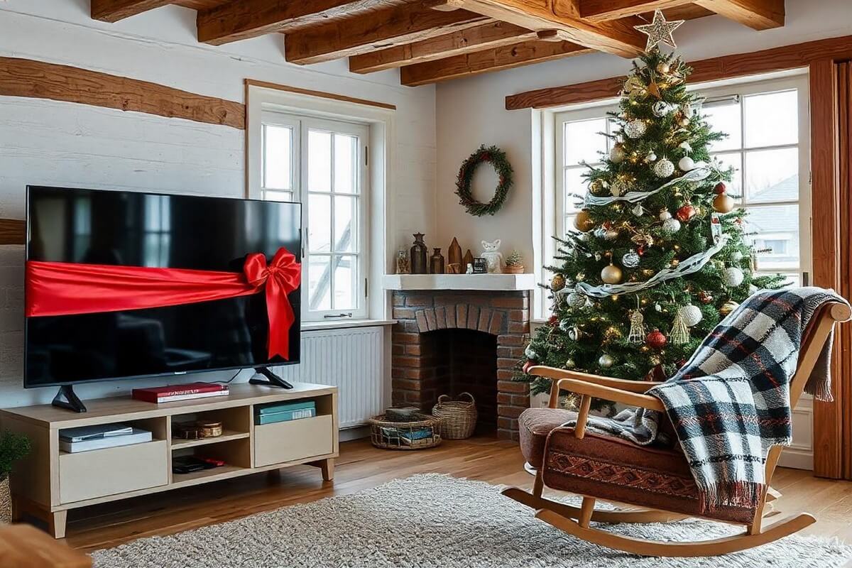 Smart TV avec ruban rouge et sapin car 500€ de réduction pour Noël sur les Samsung avec les offres Bbox de Bouygues Telecom