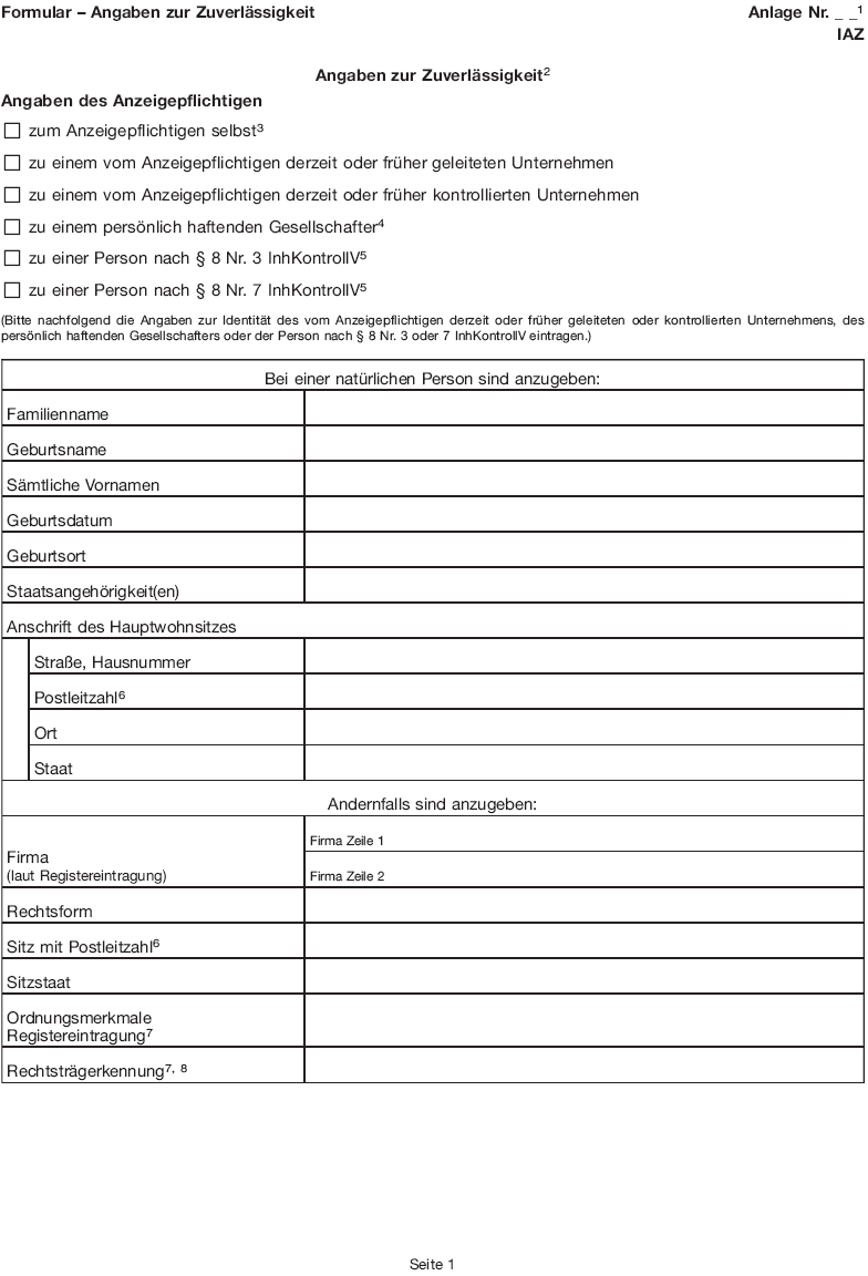 Formular - Angaben zur Zuverlässigkeit, Seite 1 (BGBl. 2015 I S. 1964)