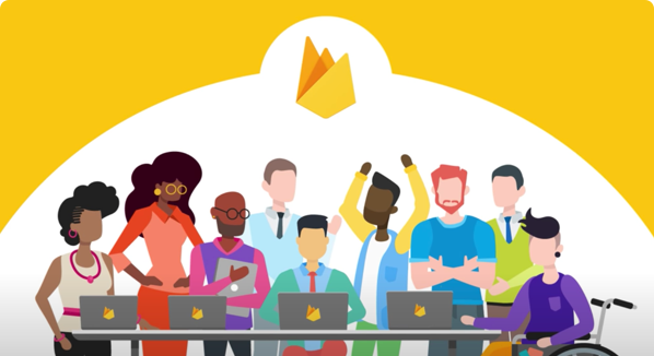 Firebase のロゴがついたノートパソコンが置かれたテーブルの前に立っている人々と車いすに座っている 1 人の男性のグループのイラスト