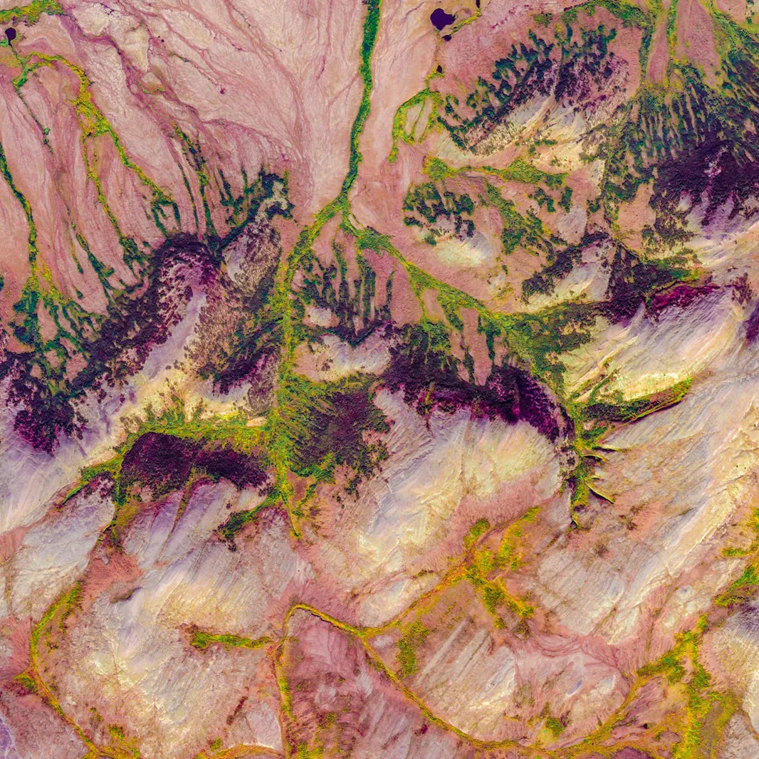 Aerial view of a landscape featuring a mix of green vegetation and purple, pink, and yellow geological formations