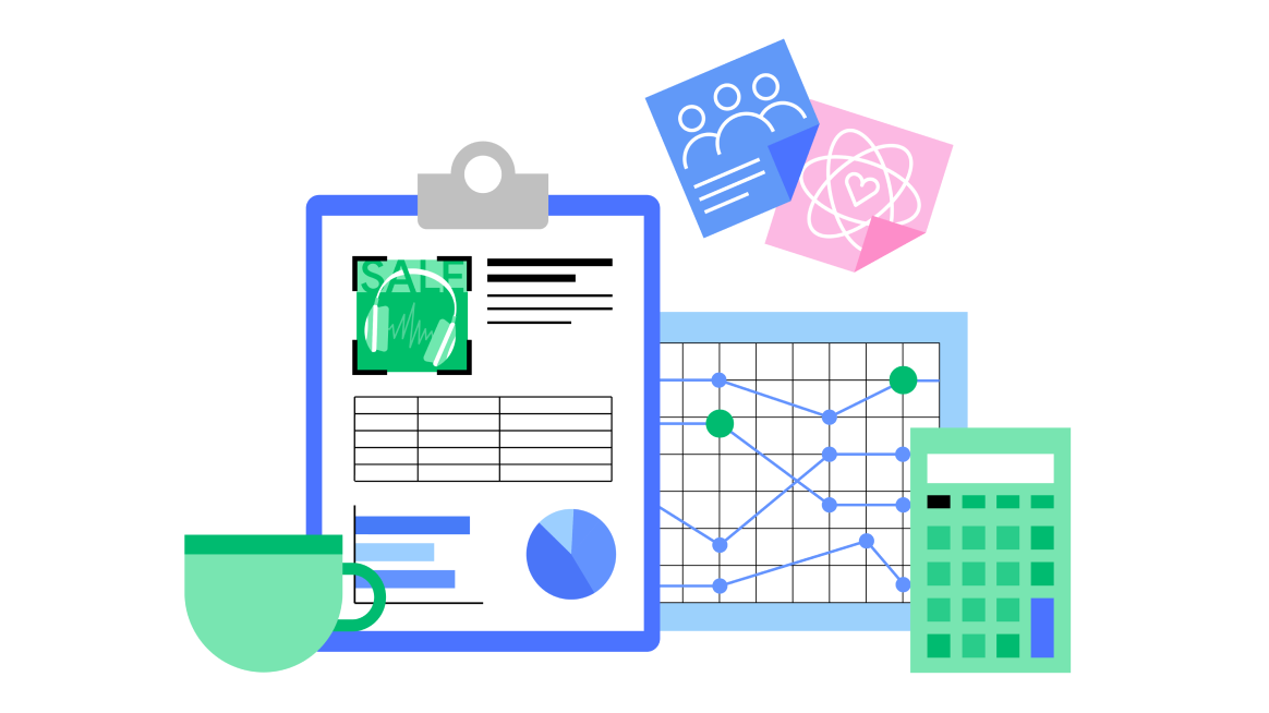 A clipboard showing an advertising campaign report, a line graph chart, a calculator and coffee mug