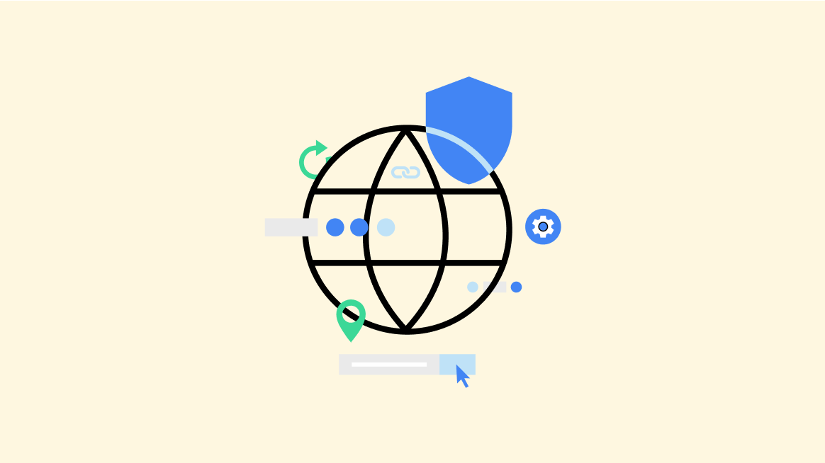 A globe that represents the open web surrounded by internet services icons.