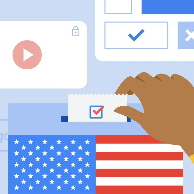 A colorful illustrations depicting a hand inserting a ballot into a stylized voting box that resembles the American flag