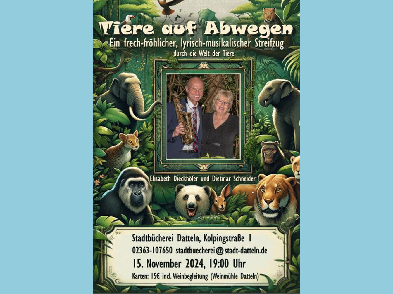 Plakat zur Lesung "Tiere auf Abwegen"