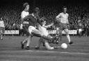 Trevor Whymark fires in a shot for Ipswich Town against Norwich City at Carrow Road in November 1972