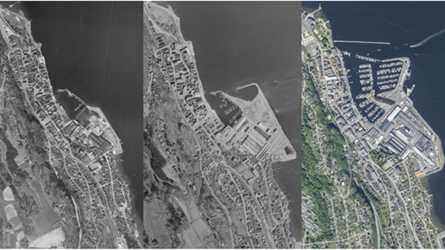 Tredelt bilete av havna i Holmestrand før og no
