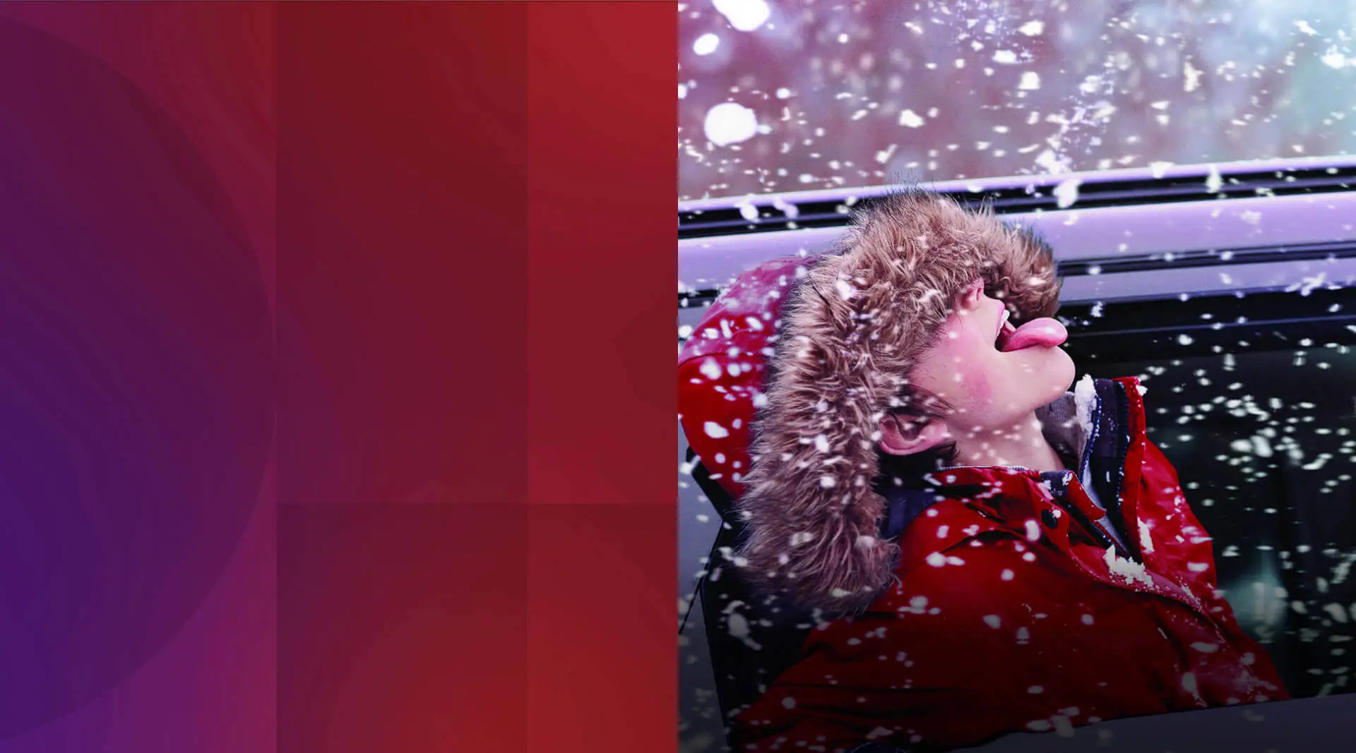 A smiling pale child sticks his tongue out to catch the snowflakes falling around him; the hood of his red, fur-lined parka covers his head, the top of his face, and his eyes.