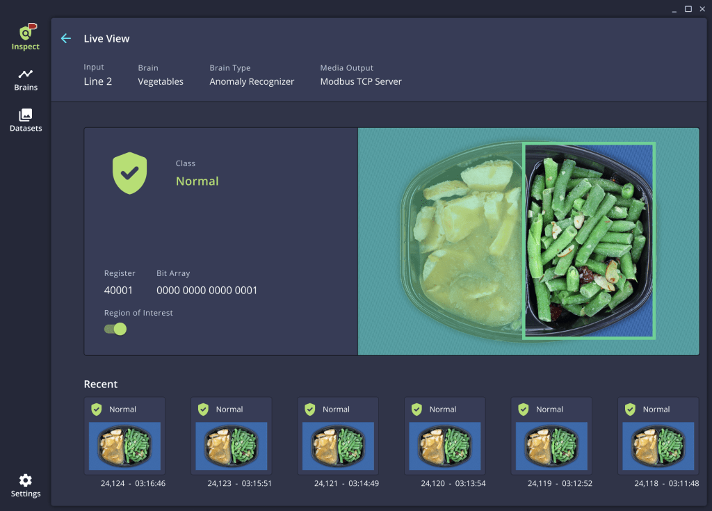 A screenshot of visual inspection software showing a prepared meal, highlighting green beans.