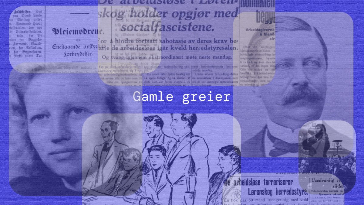 Forsidebilde til podkasten Gamle greier. Bildet viser utklipp fra avis, samt to svart/hvitt-bilder av en mann og en kvinne. Illustrasjon fra rettssak. Teksten Gamle greier er hvit på blå bakgrunn.