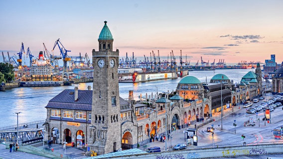 Blick auf die St. Pauli Landungsbrücken und die Elbe bei Sonnenuntergang. © Fotolia Foto: Marco2811