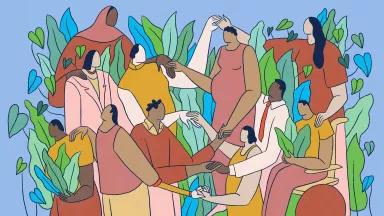 An illustration of a diverse group of people touching hands