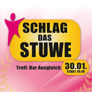 Neues Jahr, neues Glück“ - 'Schlag das StuWe!” heißt es wieder am 30.01.2025 in der Bar Ausgleich. Ihr wollt den Pokal in die Höhe strecken? Dann meldet euch an. Einlass: 18:45 Uhr. Beginn 19:30 Uhr. Anmeldung: catering@swcz.de