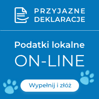 Na białym tle niebieski piesek i budynki. Napis: wypełnij i złóżdeklarację lub informację podatkową