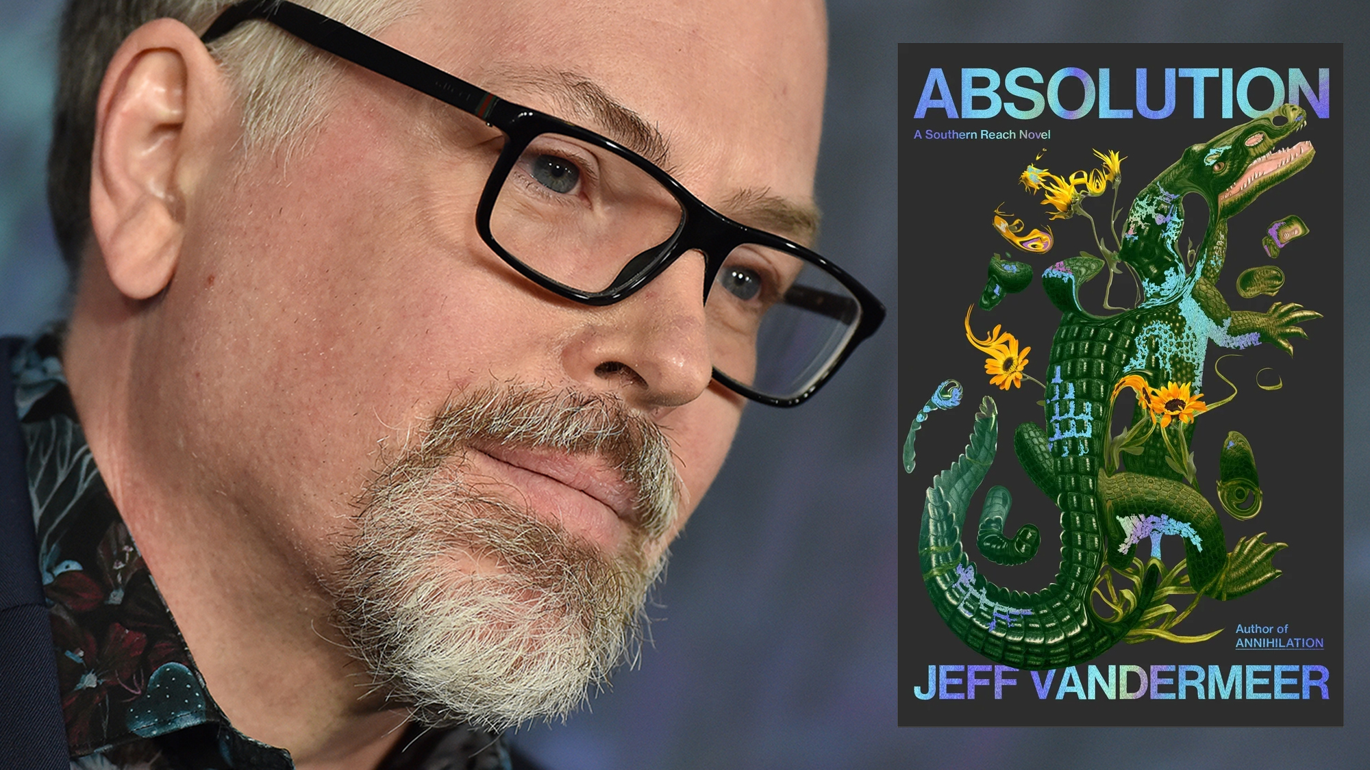 Jeff VanderMeer next to book cover for Absolution