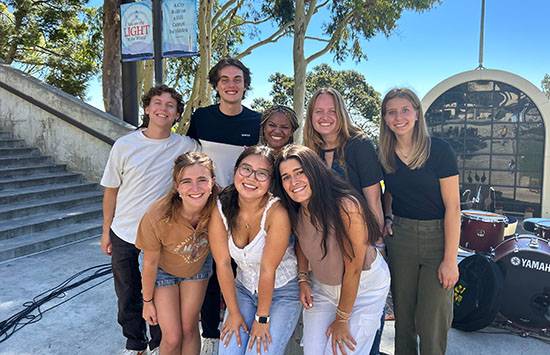 students in front of the chapel